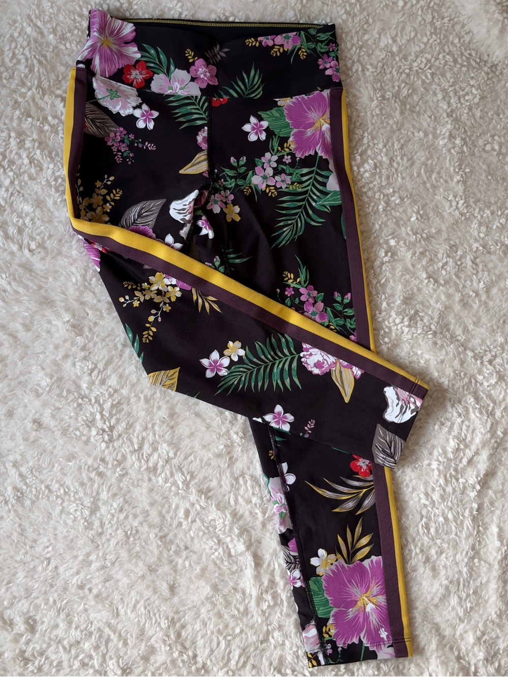 Calvin Klein Floral Side-Strip Athletic Leggings with Yellow Trim EUC
